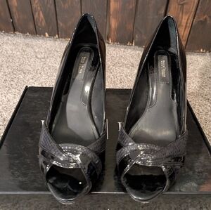 Elegant Black Peep-Toe Heels, Size 7.5